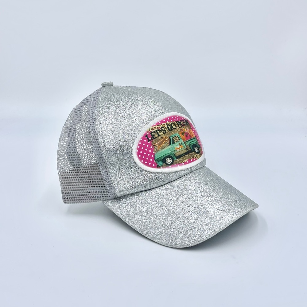 NEW C.C Sparkle Let’s Go Picking Patch StrapBack Silver Trucker Hat Women’s OSFM
